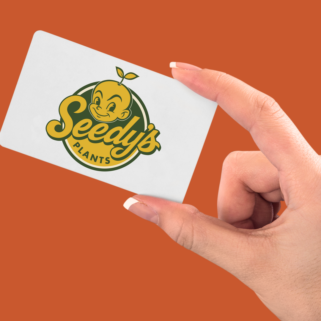 Hand holding a Seedy's Plants gift card against an orange background