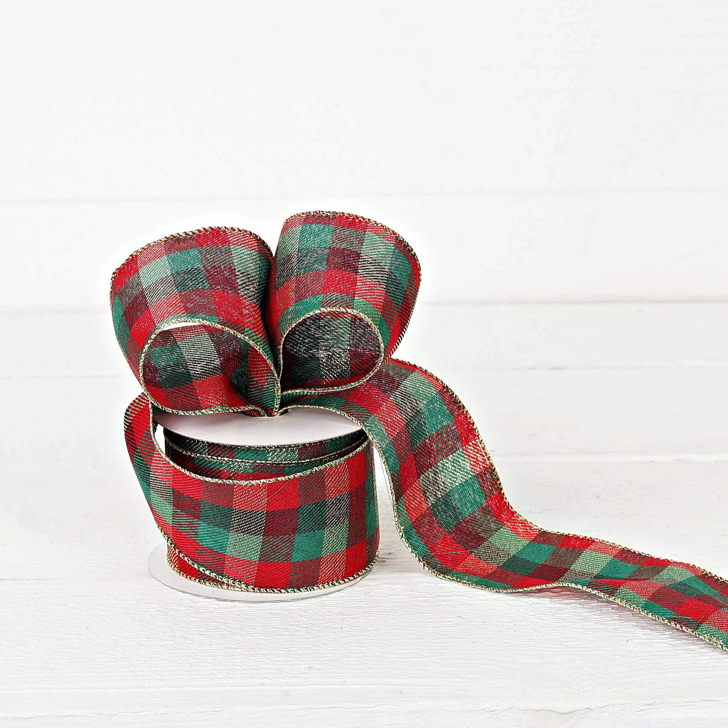 Custom Bow: Wired Ribbon Red Green Classic Checker 2.5" inch