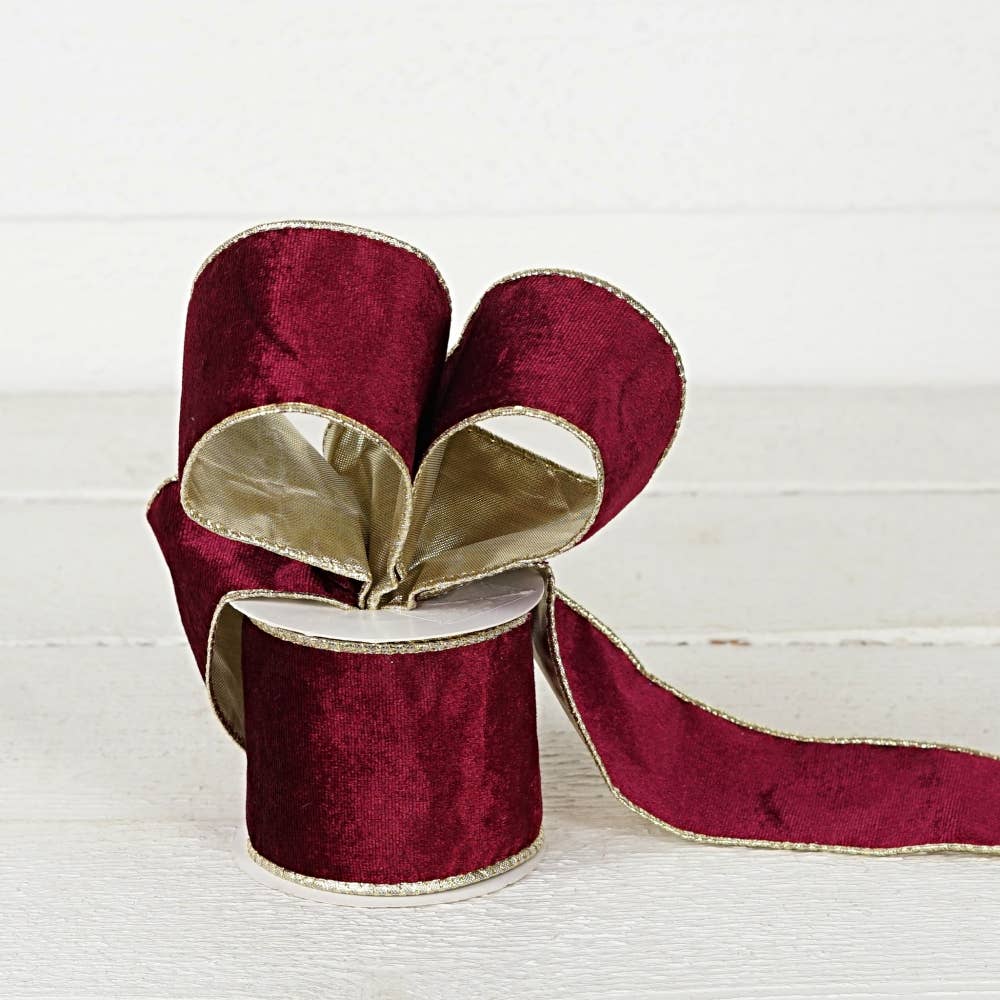 Custom Bow: Wired Ribbon Burgundy Velvet & Gold 2.5" inch