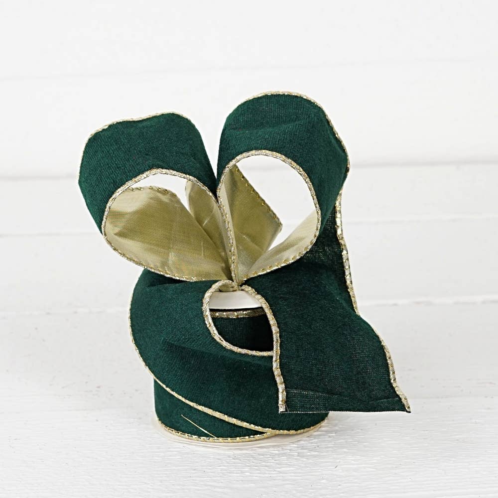 Custom Bow: Wired Ribbon Green Velvet & Gold 2.5" inch