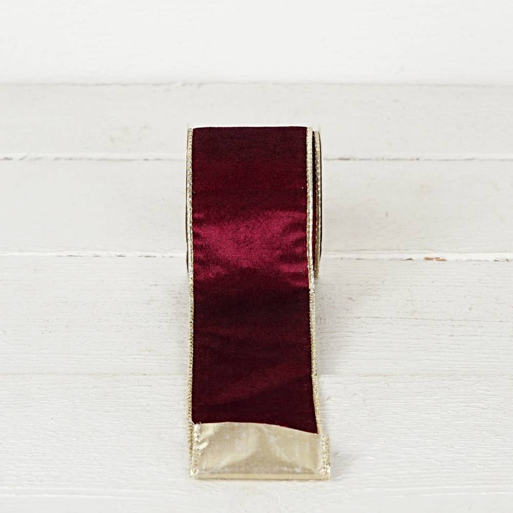 Custom Bow: Wired Ribbon Burgundy Velvet & Gold 2.5" inch