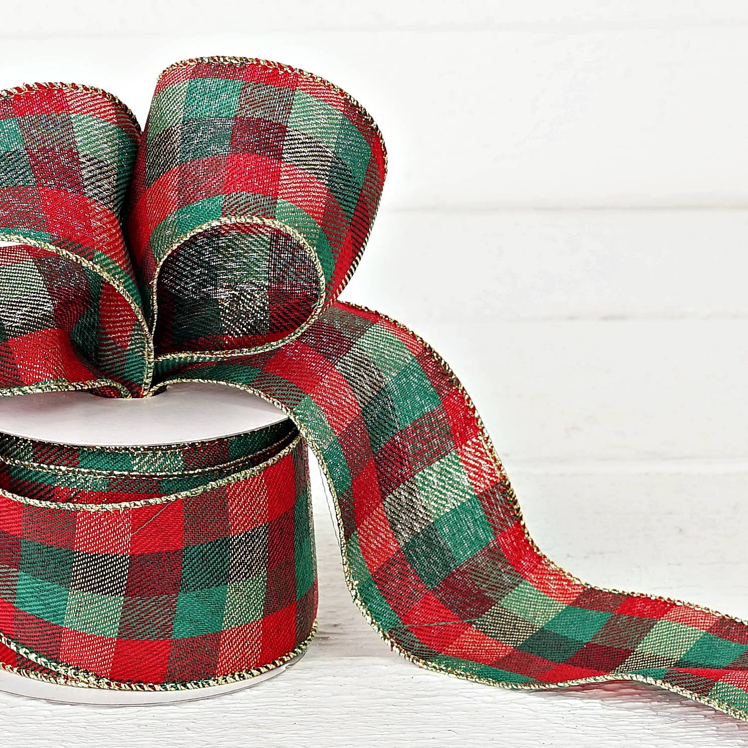 Custom Bow: Wired Ribbon Red Green Classic Checker 2.5" inch