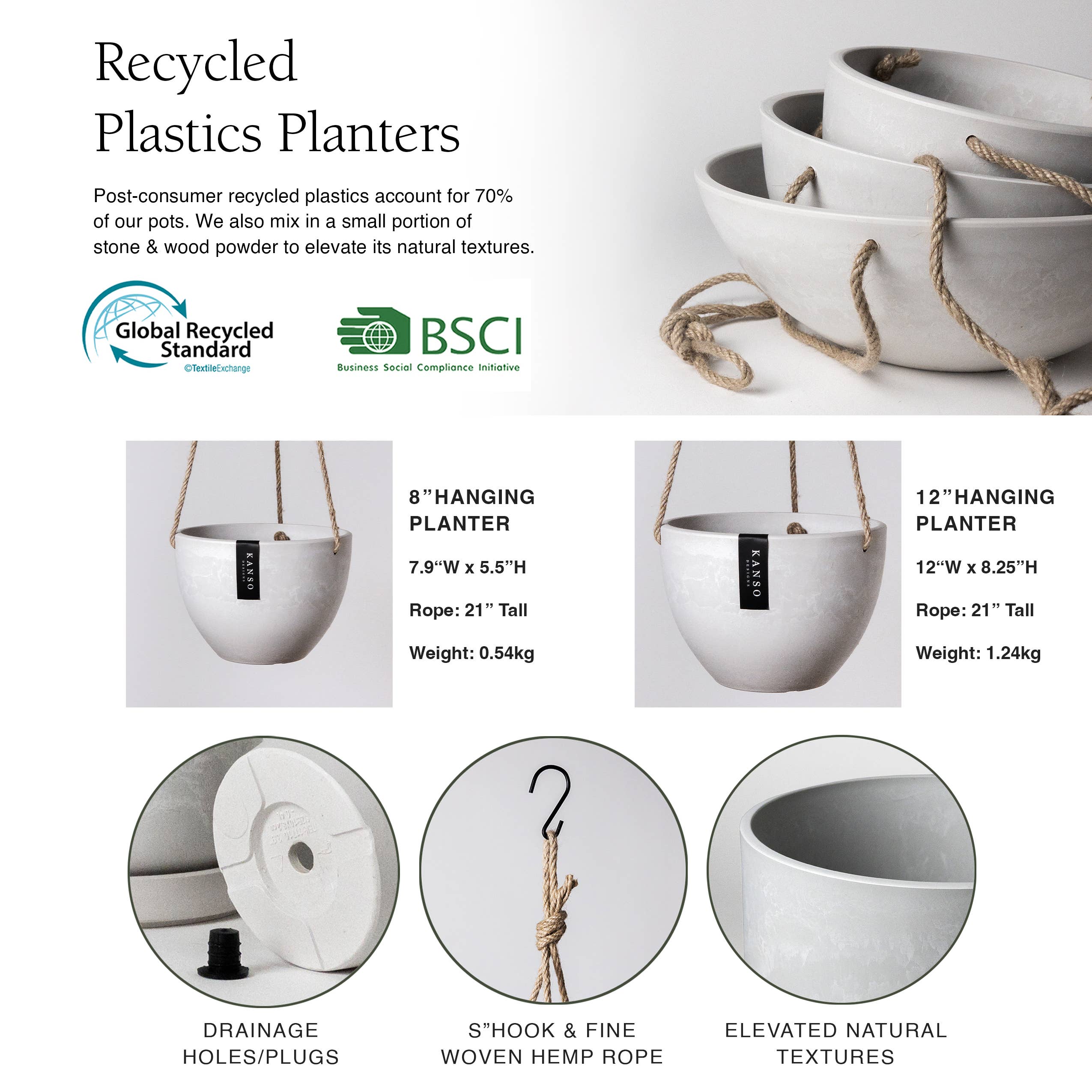 12" Signature Hanging Planter | White Stone